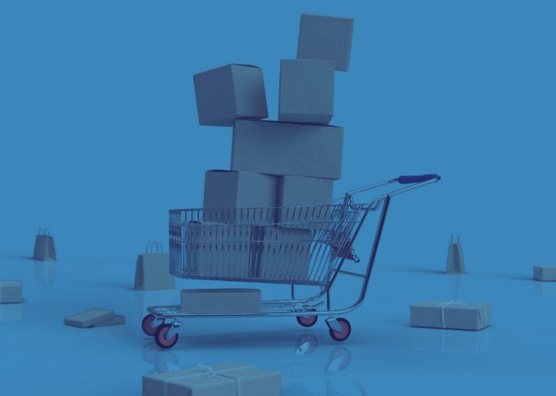 Foreign company preparing a tender for Bulgarian public procurement on the CAIS EPP platform, shopping cart and boxes, blue background